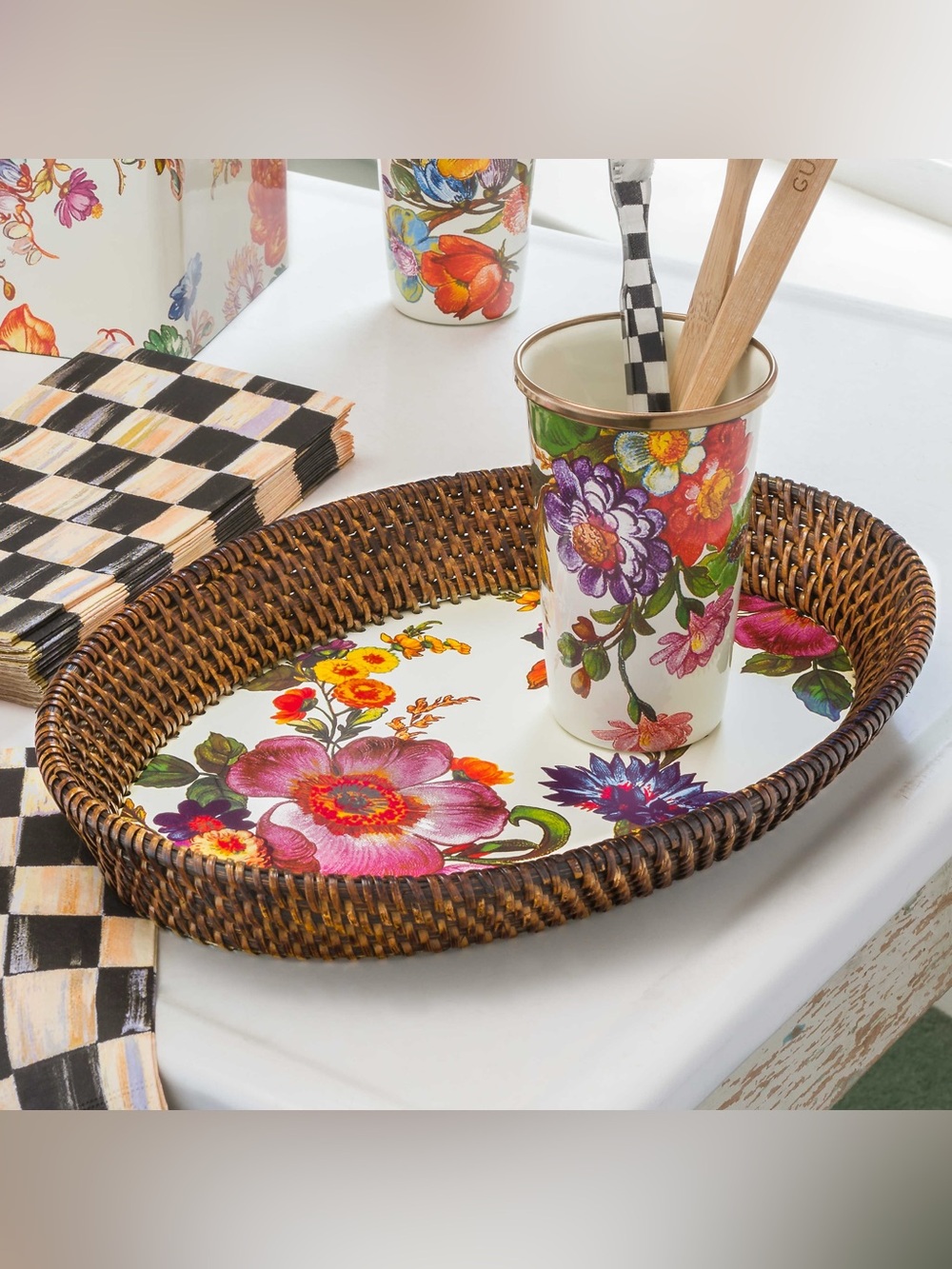 Mackenzie Childs Flower Market Small Rattan Enamel Serving Tray Basket White 11”